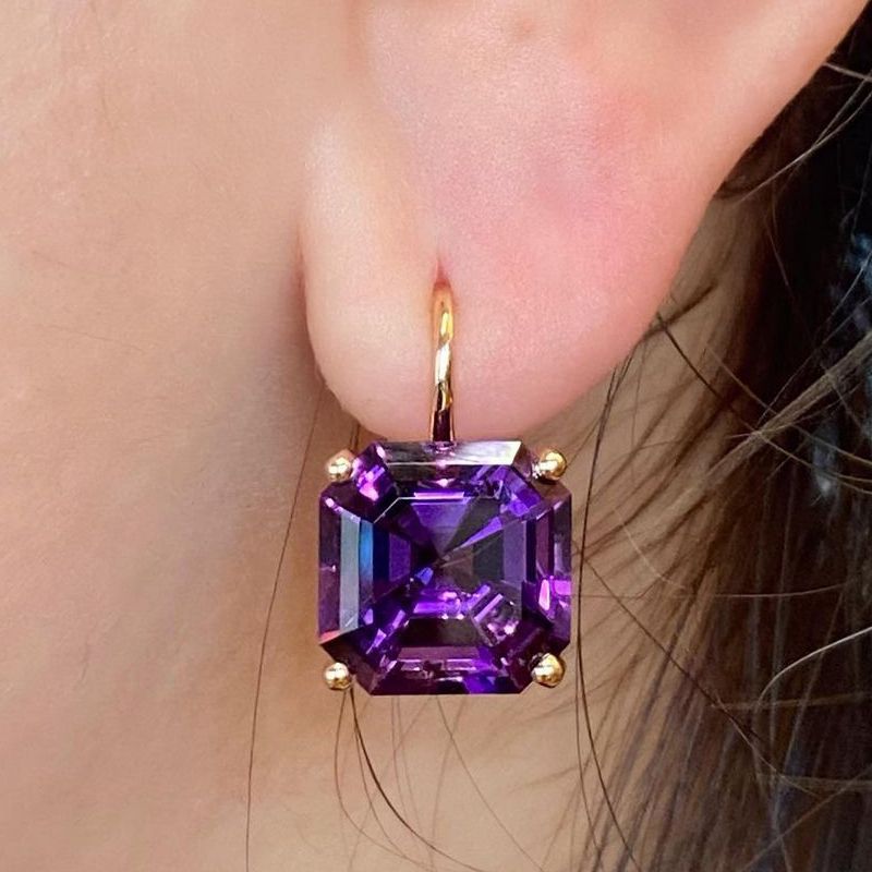 Elegant Golden Asscher Cut Amethyst Sapphire Drop Earrings For Women Belovegrace