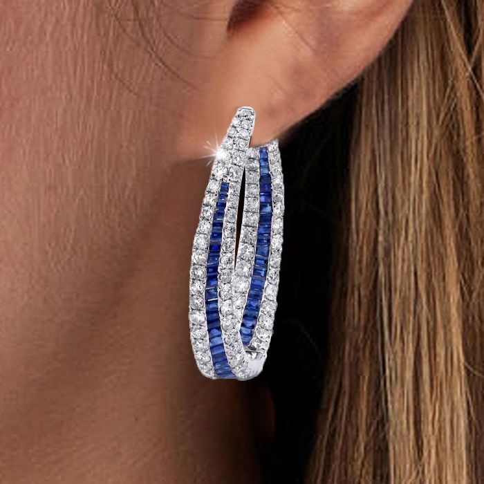 Halo Round Cut Blue Sapphire Hoop Earrings For Women Belovegrace