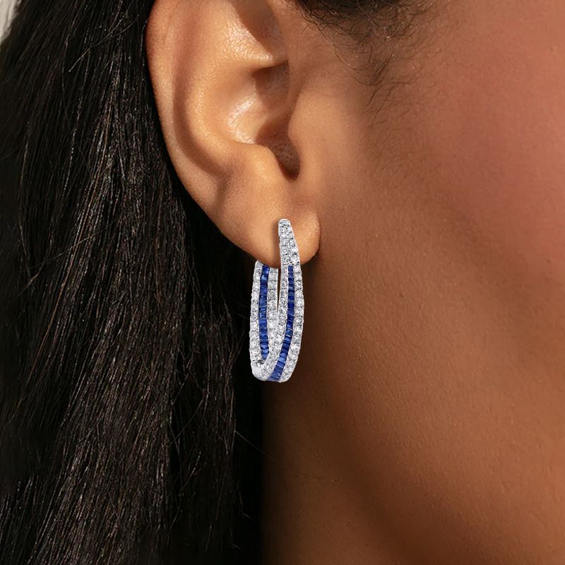 Halo Round Cut Blue Sapphire Hoop Earrings For Women Belovegrace