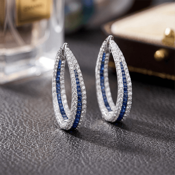 Twist Round Cut Blue & White Sapphire Halo Hoop Earrings For Women