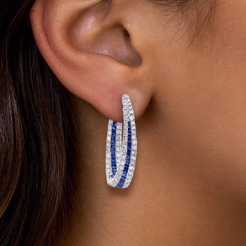 Halo Round Cut Blue Sapphire Hoop Earrings For Women Belovegrace