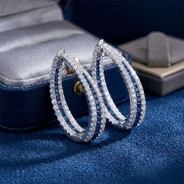Twist Round Cut Blue & White Sapphire Halo Hoop Earrings For Women
