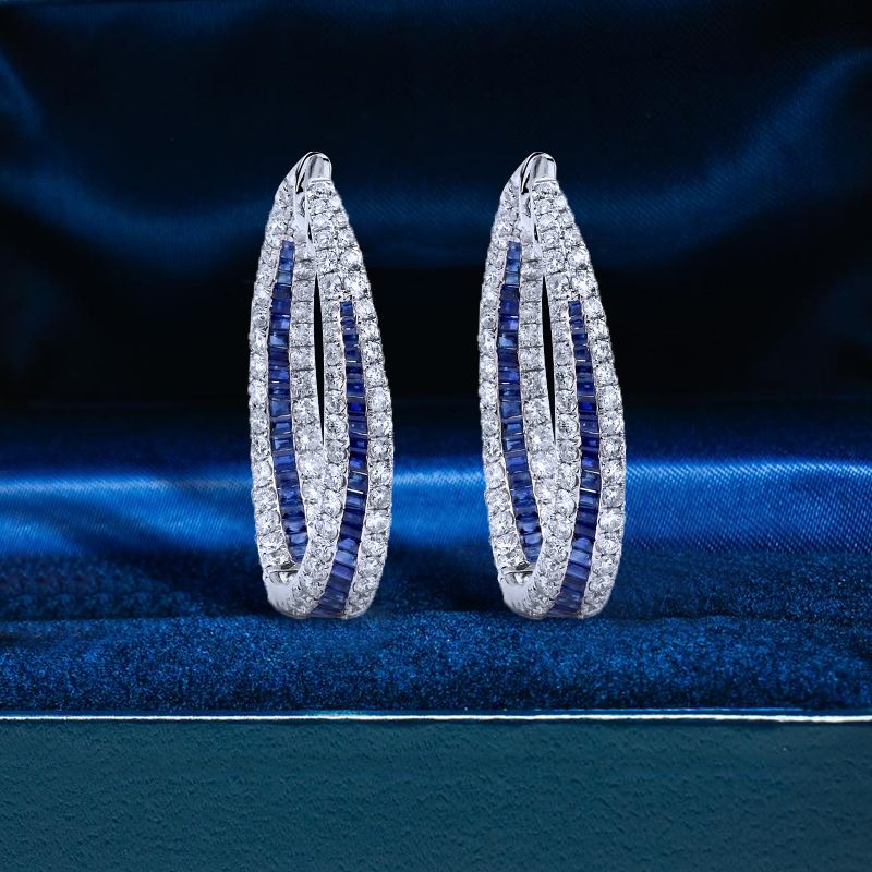 Halo Round Cut Blue Sapphire Hoop Earrings For Women Belovegrace