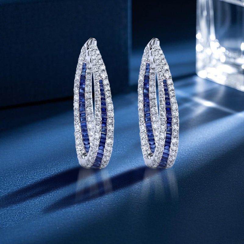 Halo Round Cut Blue Sapphire Hoop Earrings For Women Belovegrace