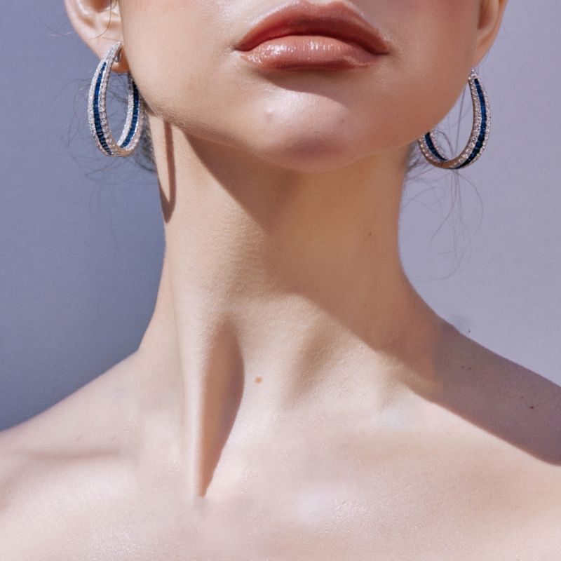 Halo Round Cut Blue Sapphire Hoop Earrings For Women Belovegrace