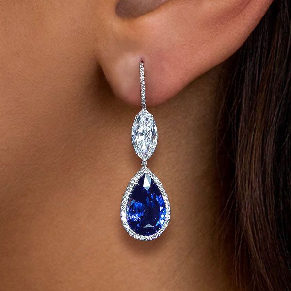 Halo Pear & Marquise Cut Blue Sapphire Drop Earrings For Women Belovegrace