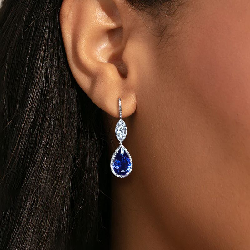 Halo Pear & Marquise Cut Blue Sapphire Drop Earrings For Women Belovegrace
