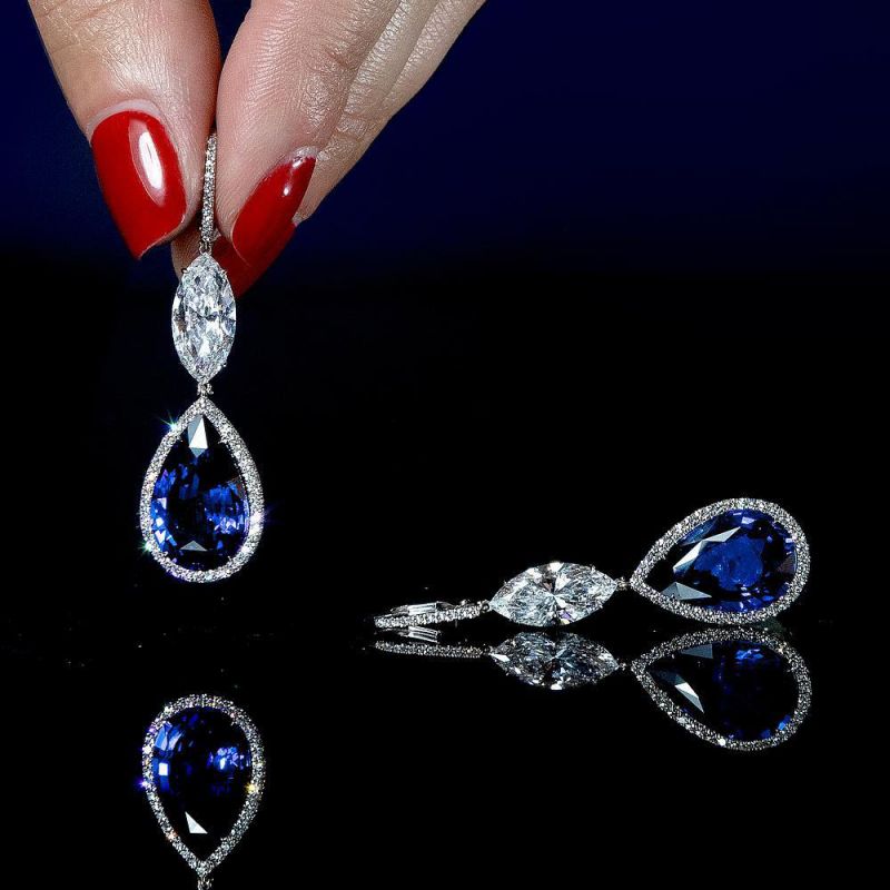 Halo Pear & Marquise Cut Blue Sapphire Drop Earrings For Women Belovegrace