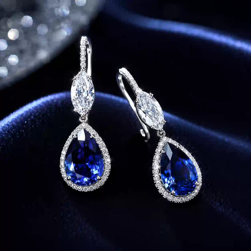 Luxury Halo Pear & Marquise Cut Blue Sapphire Double Drop Earrings For Women