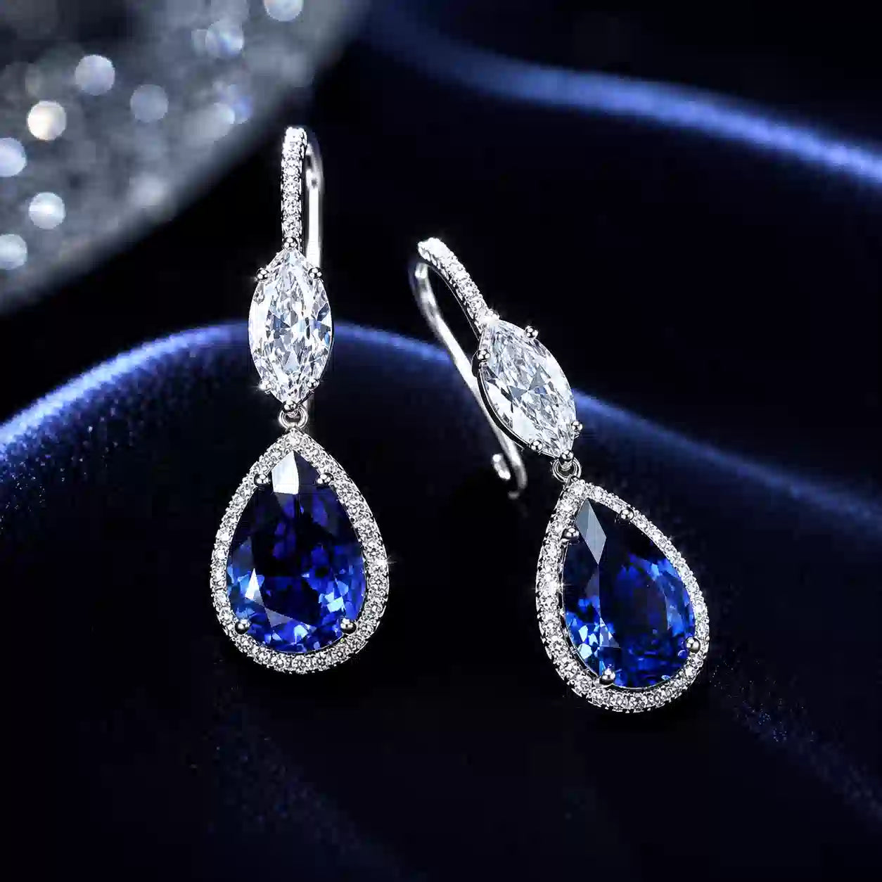 Luxury Halo Pear & Marquise Cut Blue Sapphire Double Drop Earrings For Women