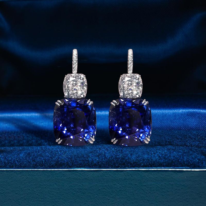 Cushion Cut Blue Sapphire Drop Earrings For Women Belovegrace