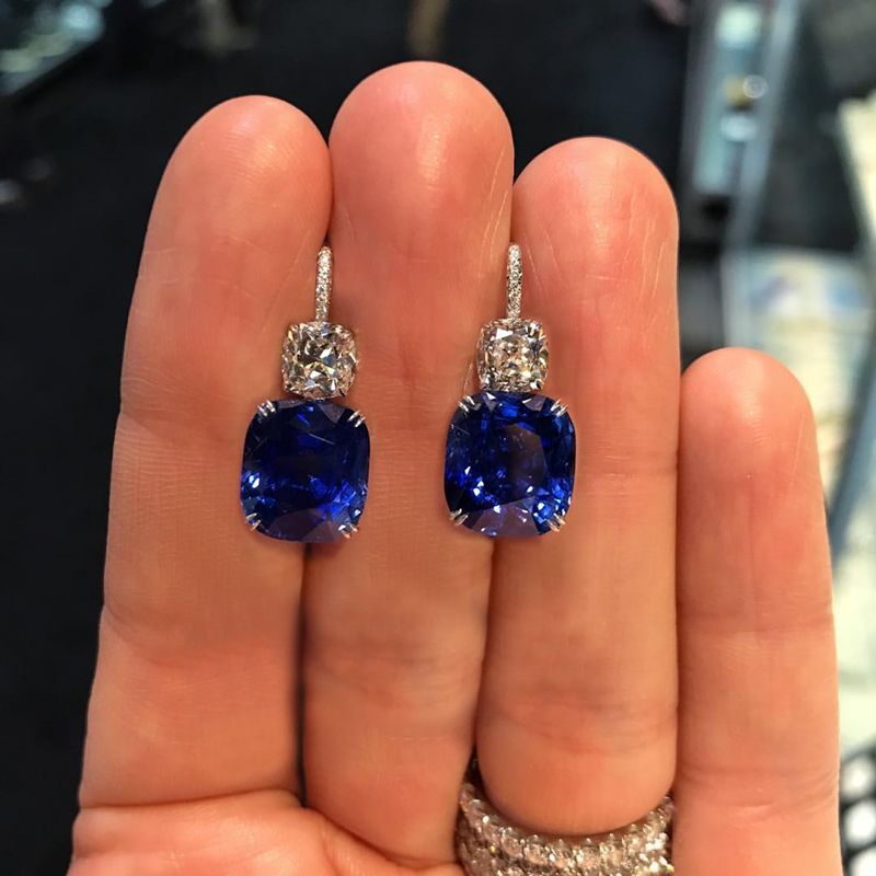 Cushion Cut Blue Sapphire Drop Earrings For Women Belovegrace