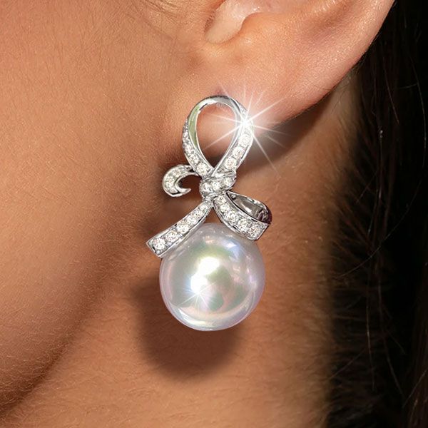 Knot Round Cut Pearl & White Sapphire Drop Earrings For Women Belovegrace