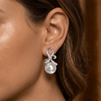 Bow Knot Design 12mm Pearl & White Sapphire Dangle Drop Earrings For Women