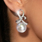Knot Round Cut Pearl & White Sapphire Drop Earrings For Women Belovegrace