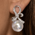 Bow Knot Design 12mm Pearl & White Sapphire Dangle Drop Earrings For Women