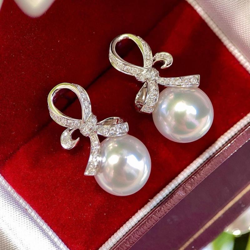 Knot Round Cut Pearl & White Sapphire Drop Earrings For Women Belovegrace