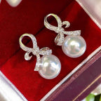 Knot Round Cut Pearl & White Sapphire Drop Earrings For Women Belovegrace