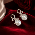 Bow Knot Design 12mm Pearl & White Sapphire Dangle Drop Earrings For Women