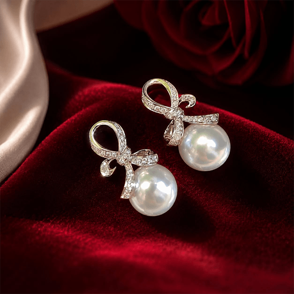 Bow Knot Design 12mm Pearl & White Sapphire Dangle Drop Earrings For Women