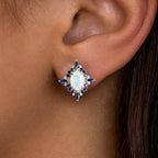 Rose Gold Halo Oval Cut Opal & Blue Sapphire Stud Earrings For Women Belovegrace