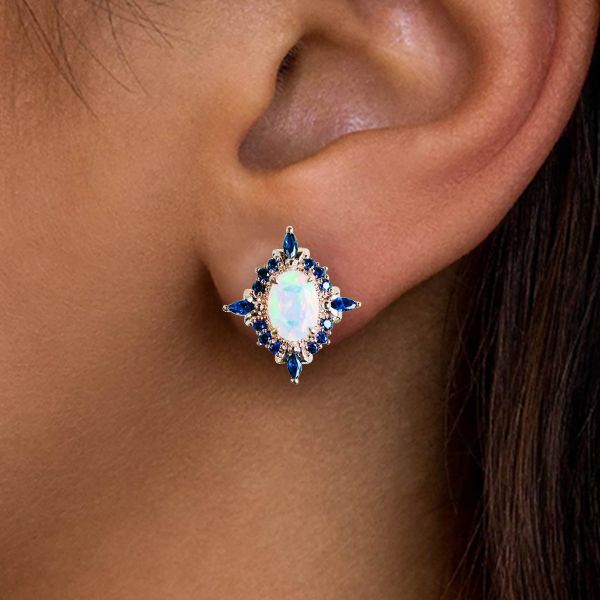 Rose Gold Halo Oval Cut Opal & Blue Sapphire Stud Earrings For Women Belovegrace