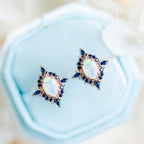 Rose Gold Halo Oval Cut Opal & Blue Sapphire Stud Earrings For Women Belovegrace
