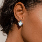 Rose Gold Halo Oval Cut Opal & Blue Sapphire Stud Earrings For Women Belovegrace