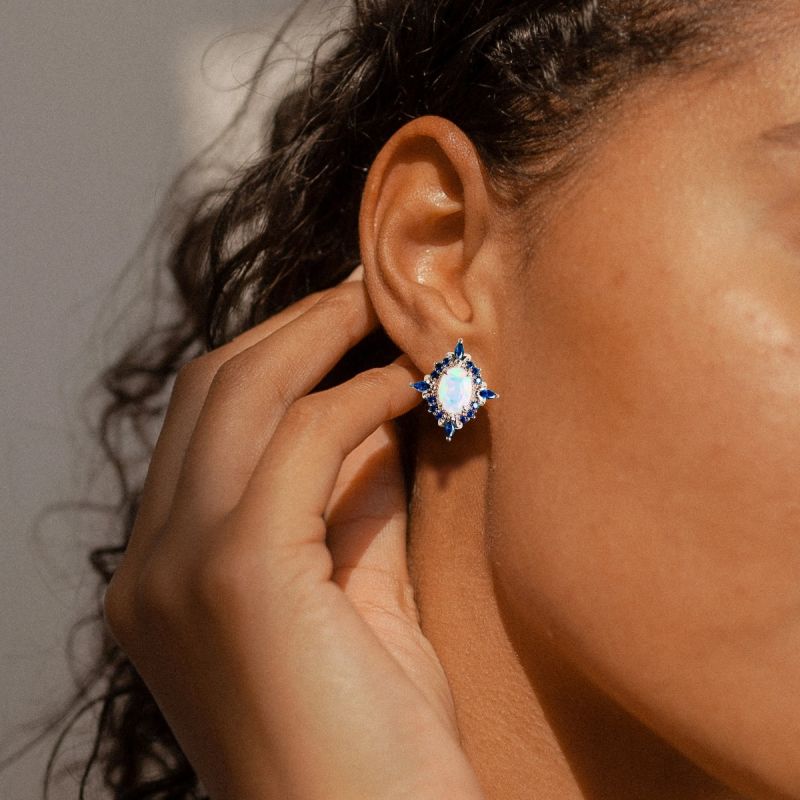 Rose Gold Halo Oval Cut Opal & Blue Sapphire Stud Earrings For Women Belovegrace