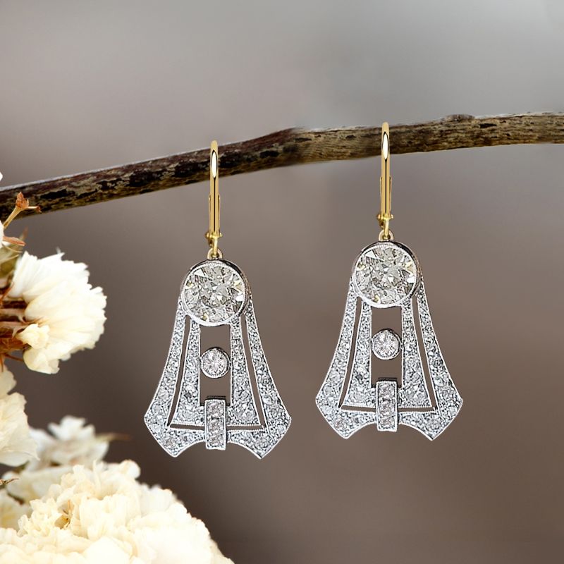 Art Deco Two Tone Round Cut White Sapphire Drop Earrings For Women Belovegrace