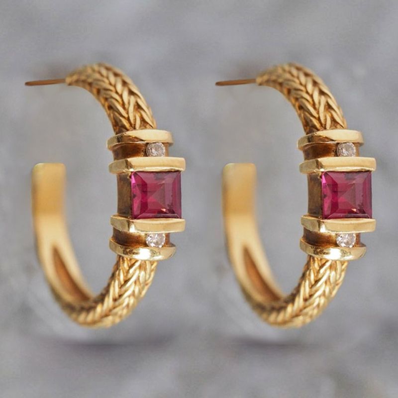 Art Deco Asscher Cut Ruby Sapphire Hoop Earrings For Women Belovegrace