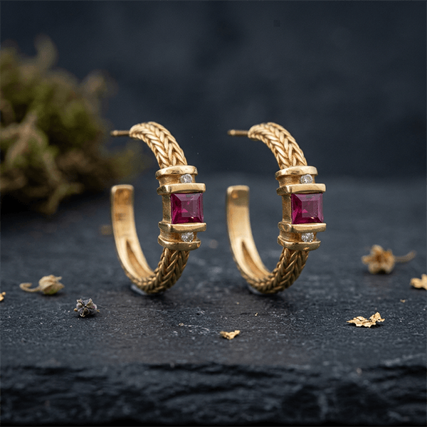 Vintage Yellow Gold Asscher Cut Ruby Sapphire Hoop Earrings For Women