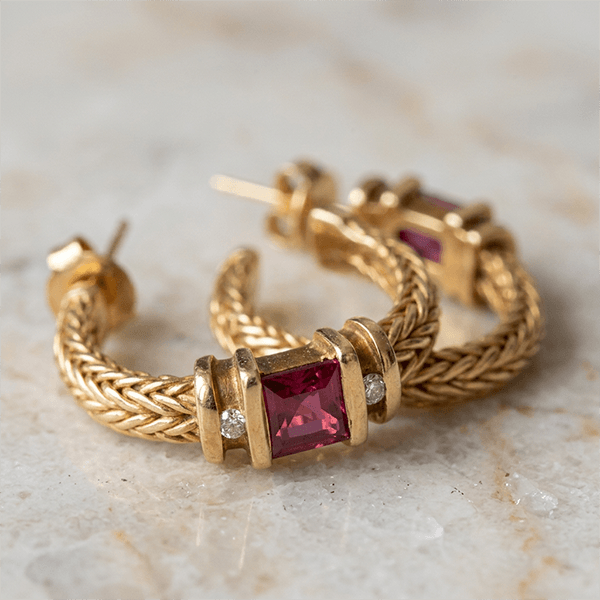 Vintage Yellow Gold Asscher Cut Ruby Sapphire Hoop Earrings For Women