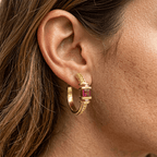 Vintage Yellow Gold Asscher Cut Ruby Sapphire Hoop Earrings For Women