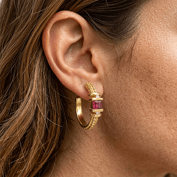 Vintage Yellow Gold Asscher Cut Ruby Sapphire Hoop Earrings For Women