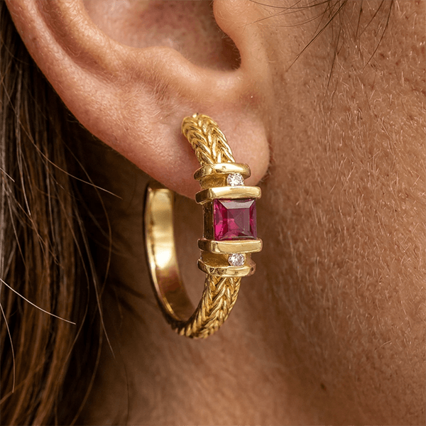 Vintage Yellow Gold Asscher Cut Ruby Sapphire Hoop Earrings For Women