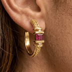 Vintage Yellow Gold Asscher Cut Ruby Sapphire Hoop Earrings For Women