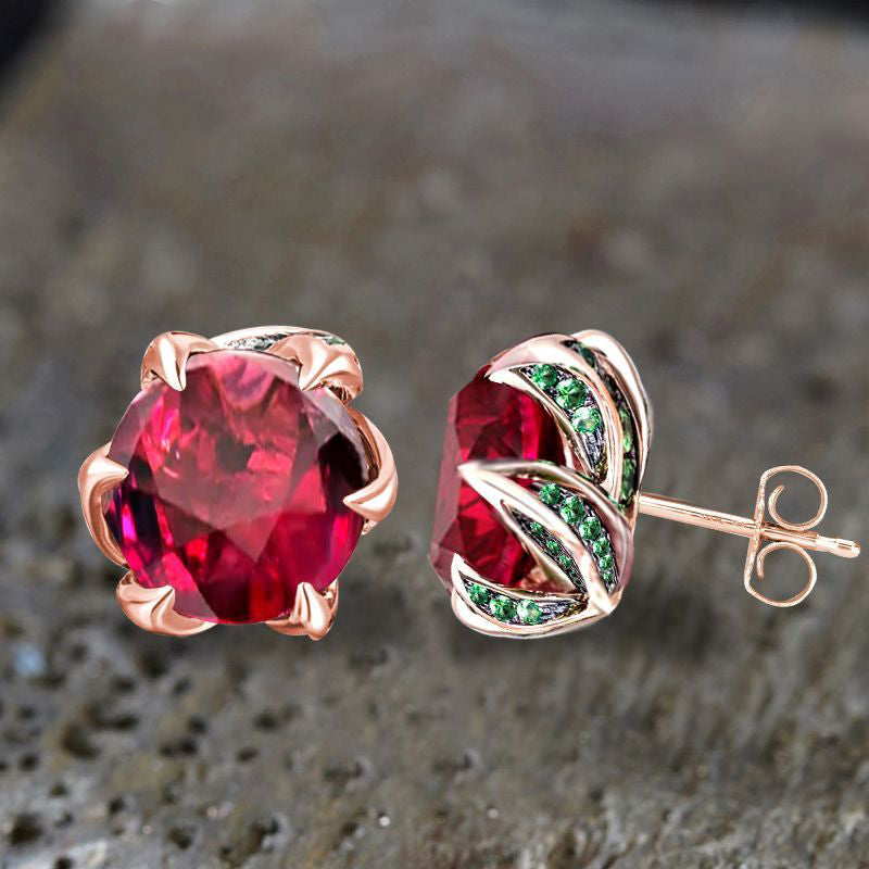 Unique Rose Gold Ruby Sapphire Round Cut Stud Earrings For Women Belovegrace