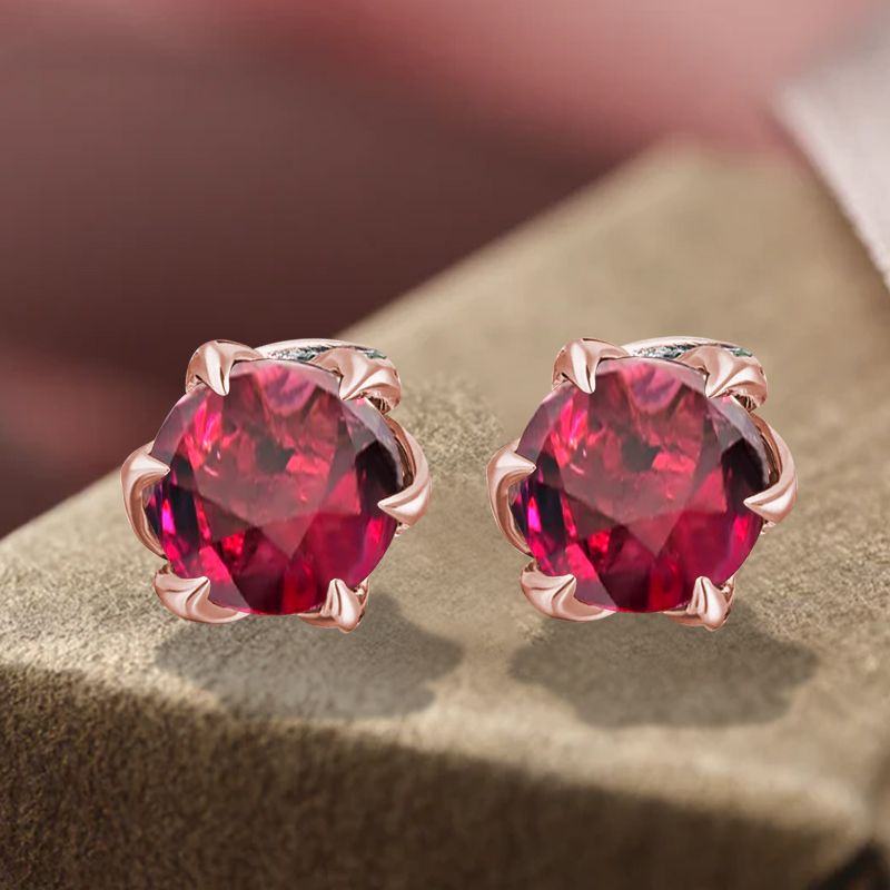 Unique Rose Gold Ruby Sapphire Round Cut Stud Earrings For Women Belovegrace