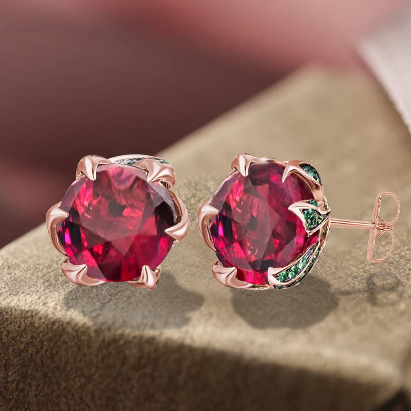 Unique Rose Gold Ruby Sapphire Round Cut Stud Earrings For Women Belovegrace
