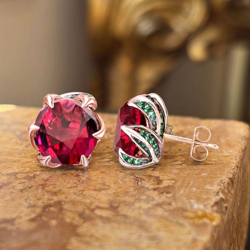 Unique Rose Gold Ruby Sapphire Round Cut Stud Earrings For Women Belovegrace