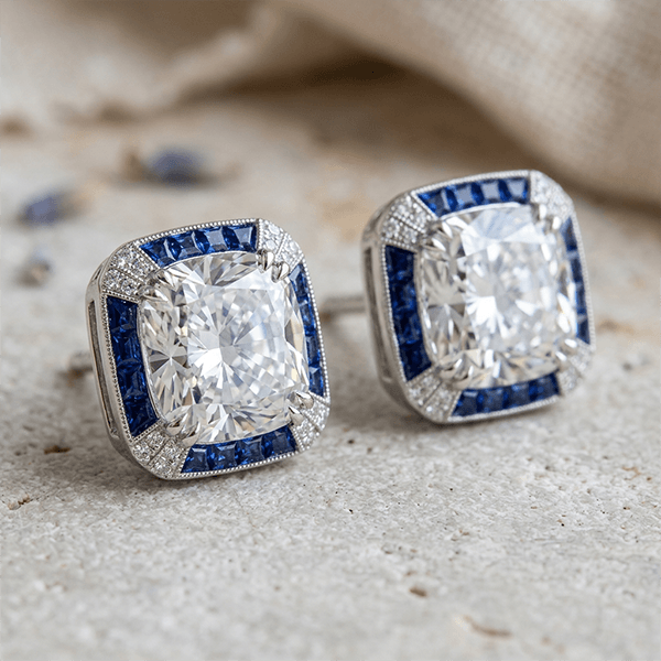 Vintage Halo Cushion Cut White & Blue Sapphire Stud Earrings For Women