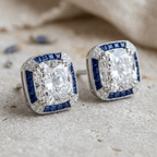 Vintage Halo Cushion Cut White & Blue Sapphire Stud Earrings For Women