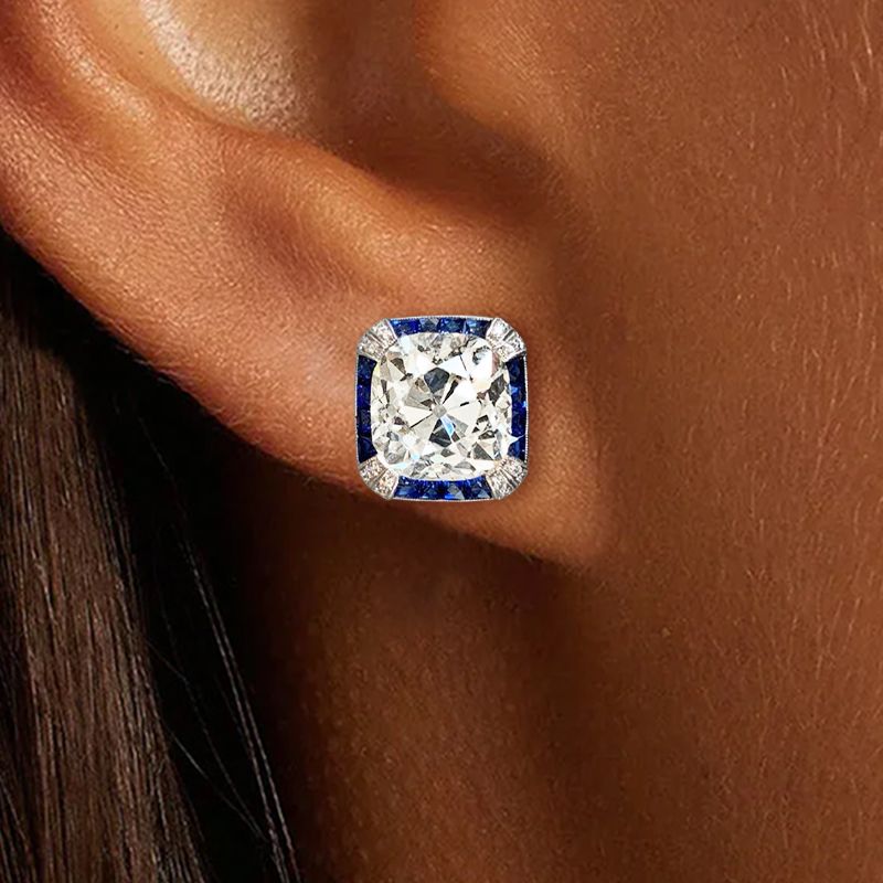 Vintage Halo Cushion Cut White & Blue Sapphire Stud Earrings For Women Belovegrace