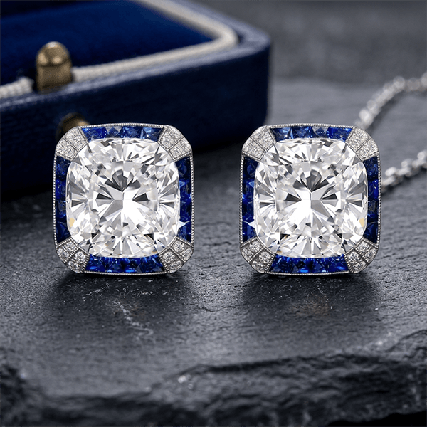 Vintage Halo Cushion Cut White & Blue Sapphire Stud Earrings For Women