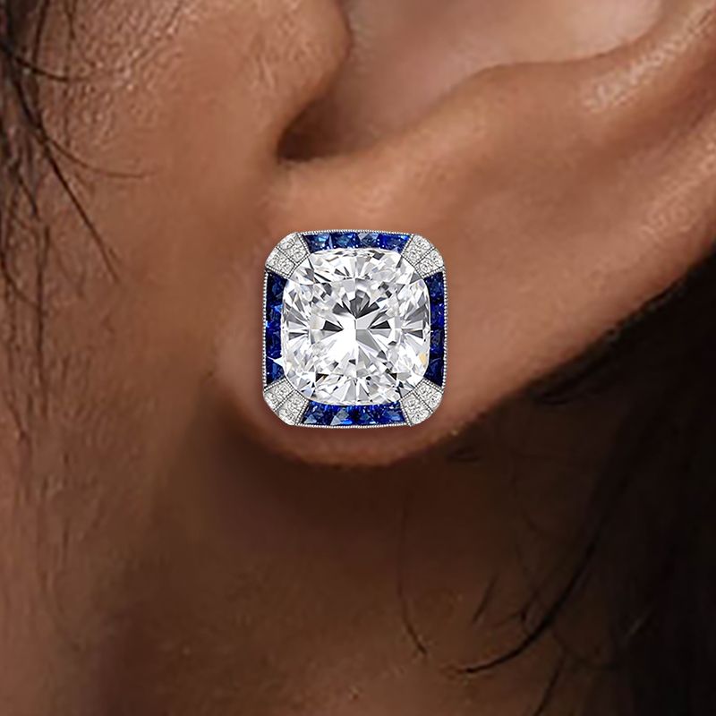 Vintage Halo Cushion Cut White & Blue Sapphire Stud Earrings For Women Belovegrace
