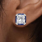 Vintage Halo Cushion Cut White & Blue Sapphire Stud Earrings For Women Belovegrace
