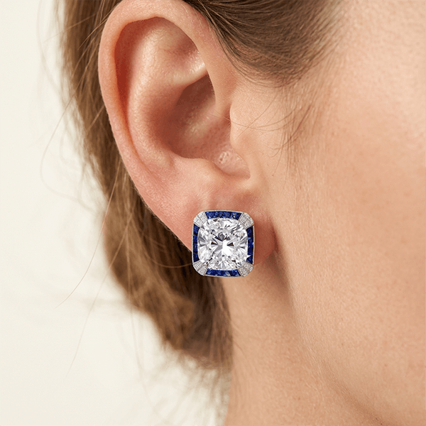 Vintage Halo Cushion Cut White & Blue Sapphire Stud Earrings For Women
