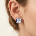 Vintage Halo Cushion Cut White & Blue Sapphire Stud Earrings For Women