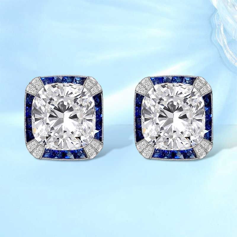Vintage Halo Cushion Cut White & Blue Sapphire Stud Earrings For Women Belovegrace